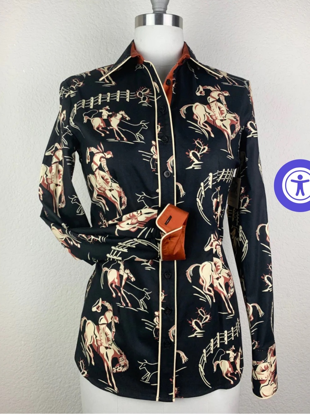 CR Ranchwear Rodin’ and Ropin Black Button Down Top Size Large